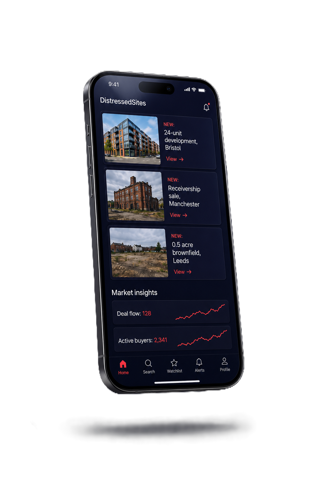 DistressedSites app on a smartphone showing new distressed property alerts